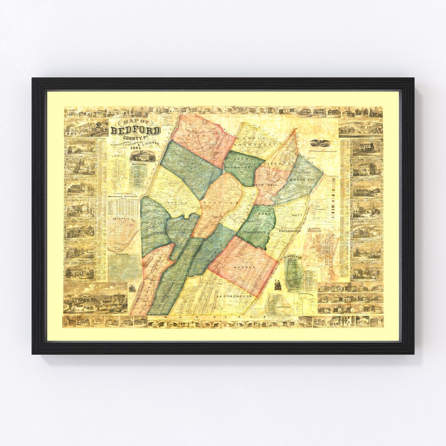 Vintage map of Bedford County, Pennsylvania, 1861