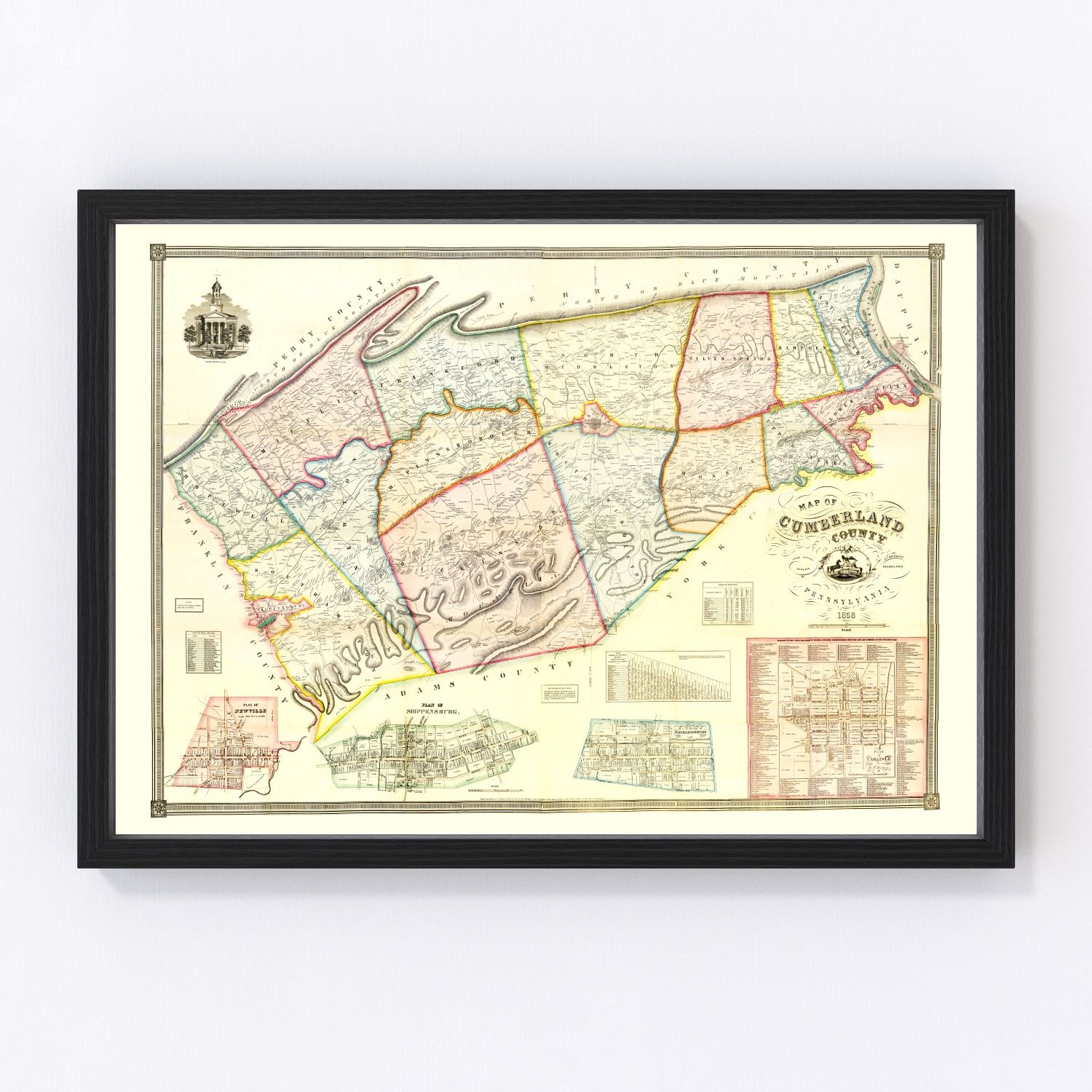 Vintage restored map of Cumberland County, Pennsylvania, 1858, antebellum Cumberland Valley