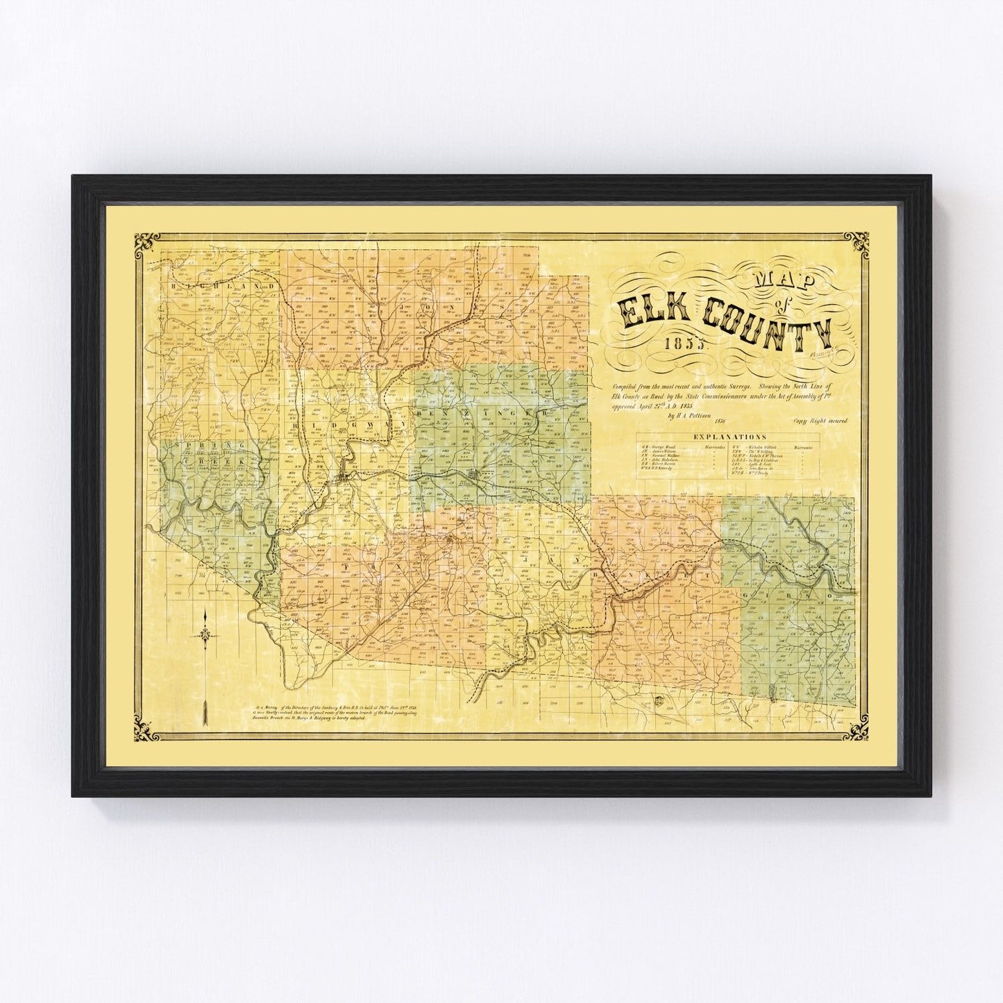 Vintage restored map of Elk County, Pennsylvania, 1855, antebellum north-central Pennsylvania