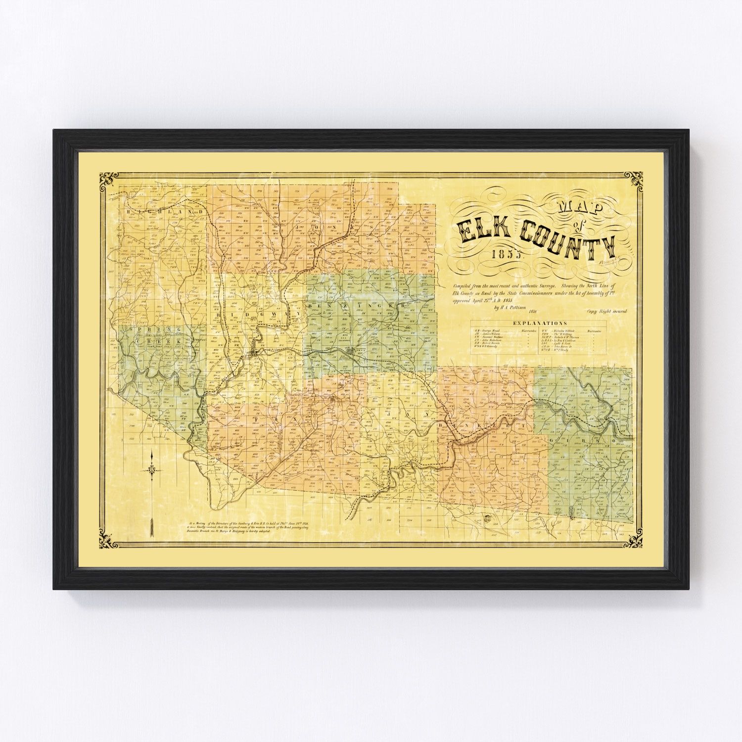 Vintage restored map of Elk County, Pennsylvania, 1855, antebellum north-central Pennsylvania