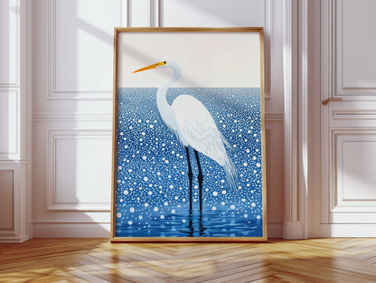 White Egret in Snowfall - Minimalist Bird Wall Art