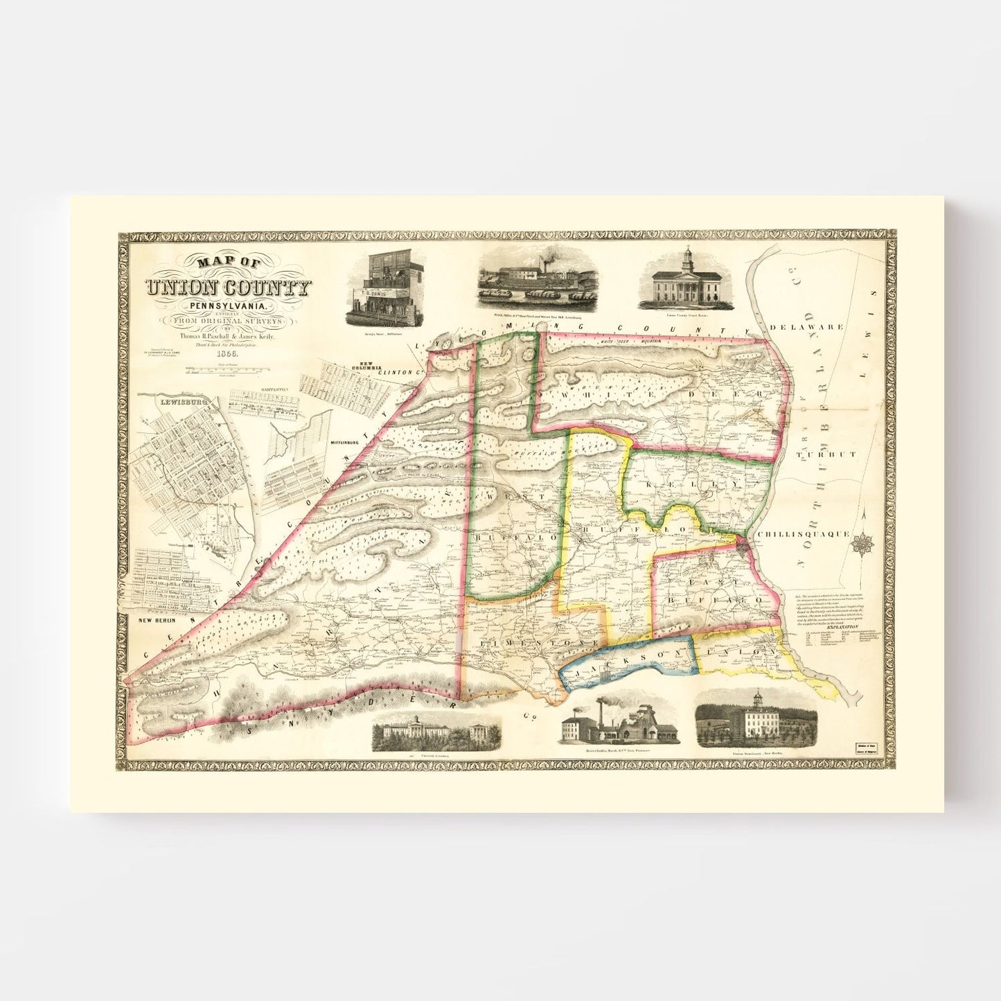 Vintage Map of Union County, Pennsylvania, 1856