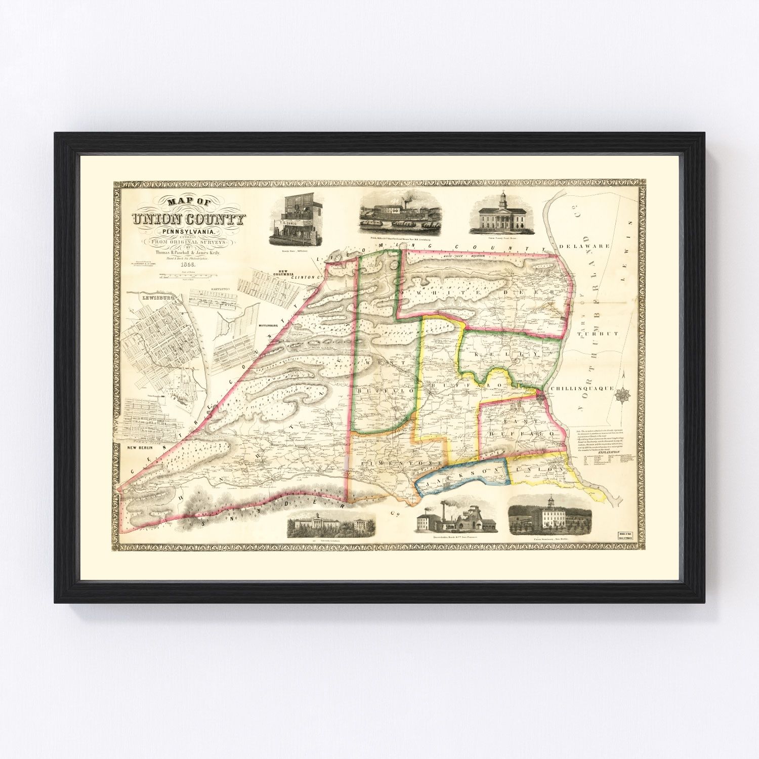 Vintage map of Union County, Pennsylvania, 1856