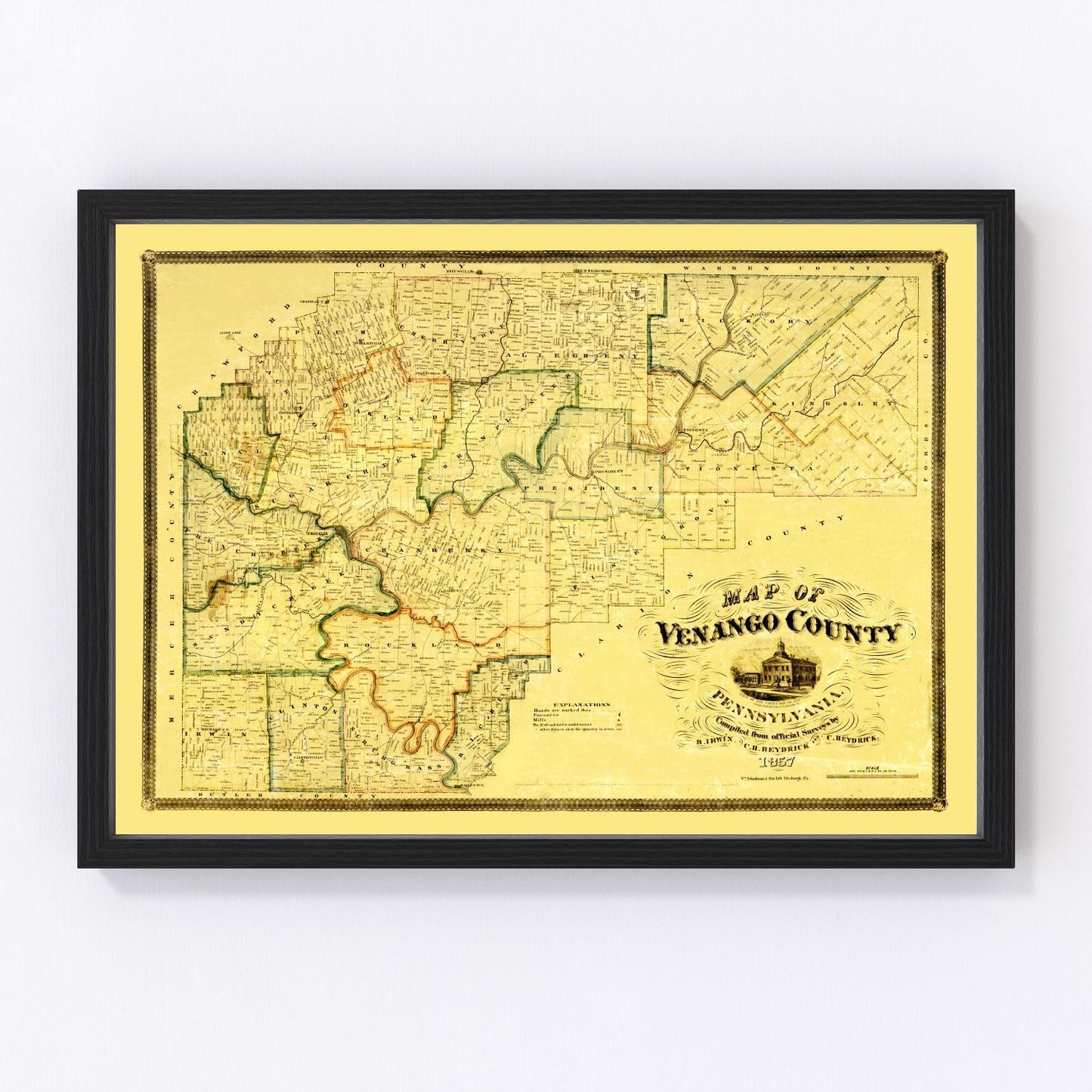 Vintage map of Venango County, Pennsylvania, 1857