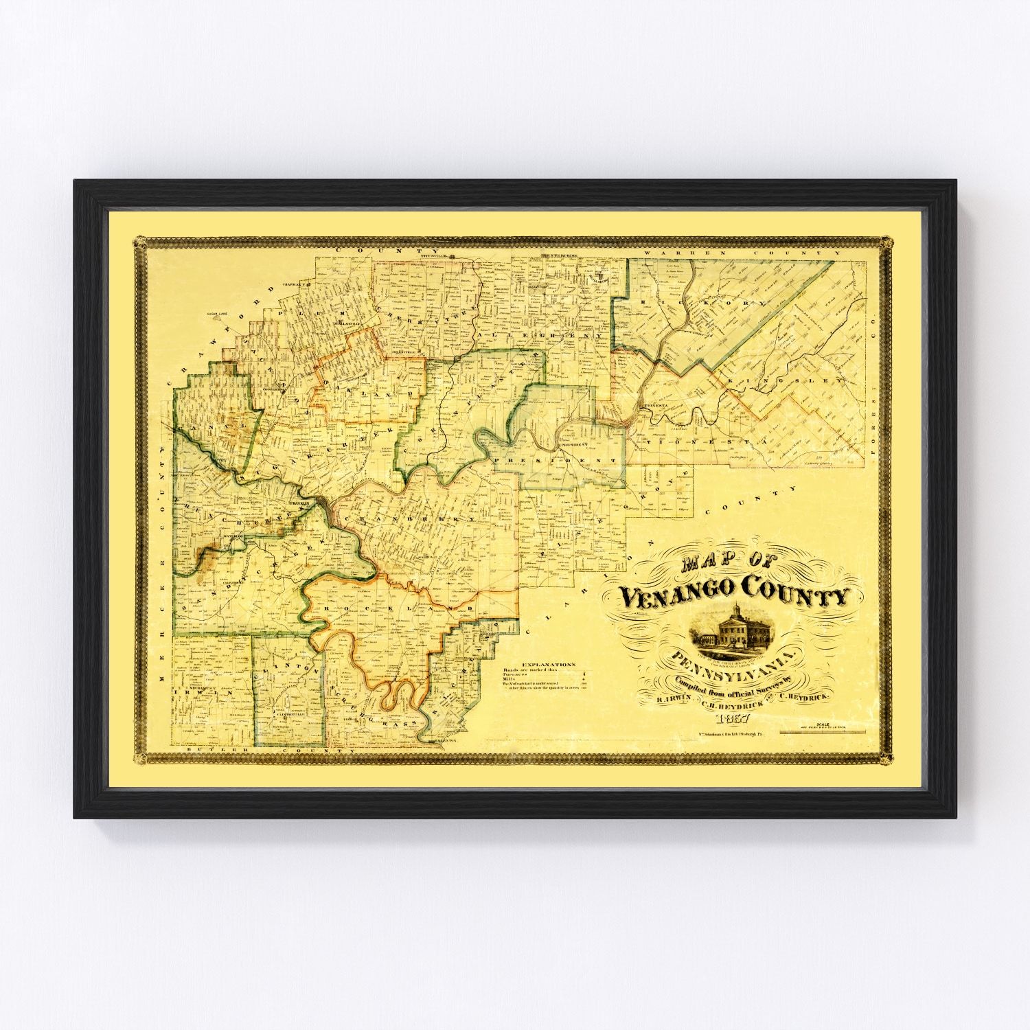 Vintage map of Venango County, Pennsylvania, 1857