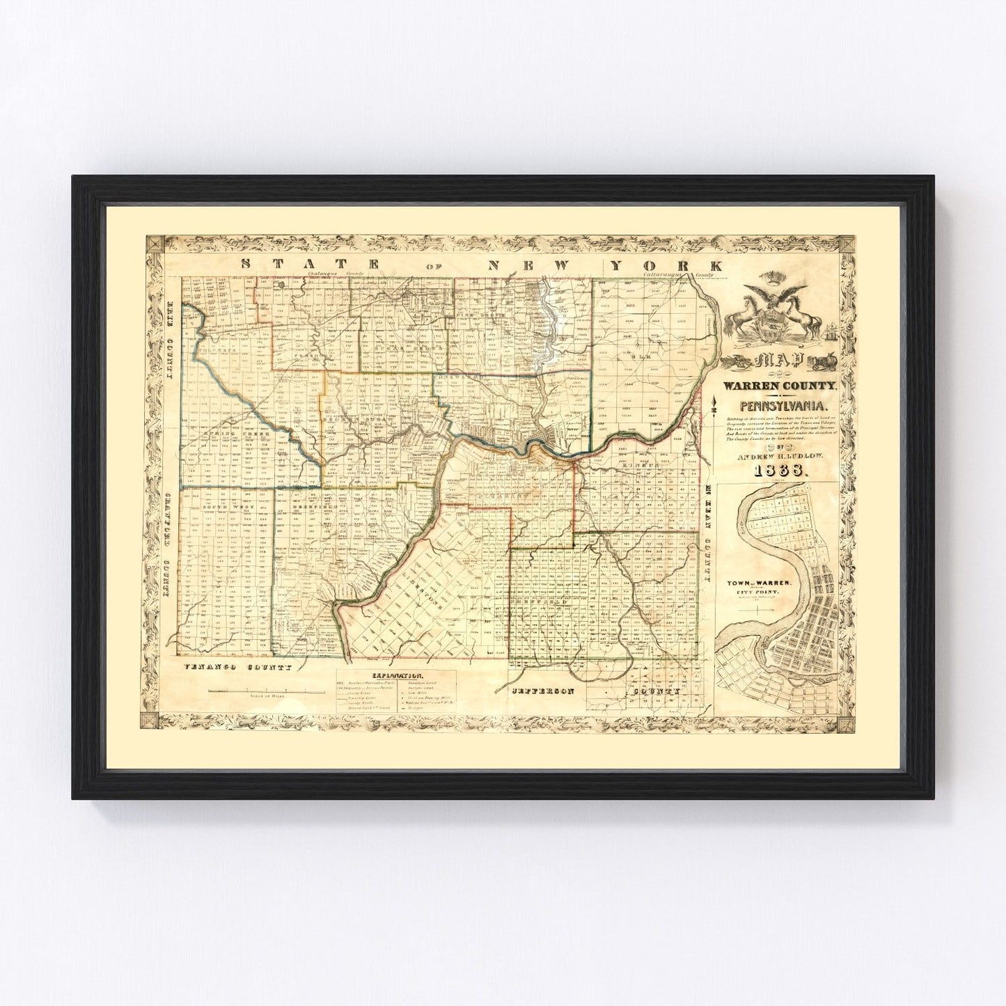 Vintage map of Warren County, Pennsylvania, 1838, digitally restored