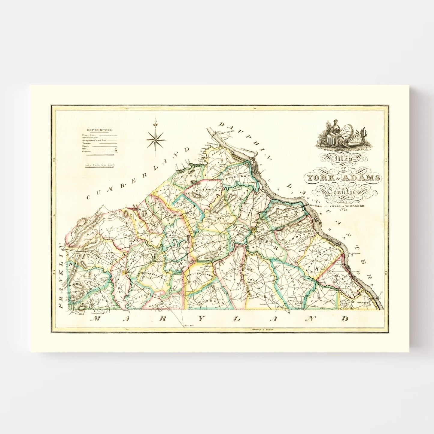 Vintage Map of York County, Pennsylvania, 1821