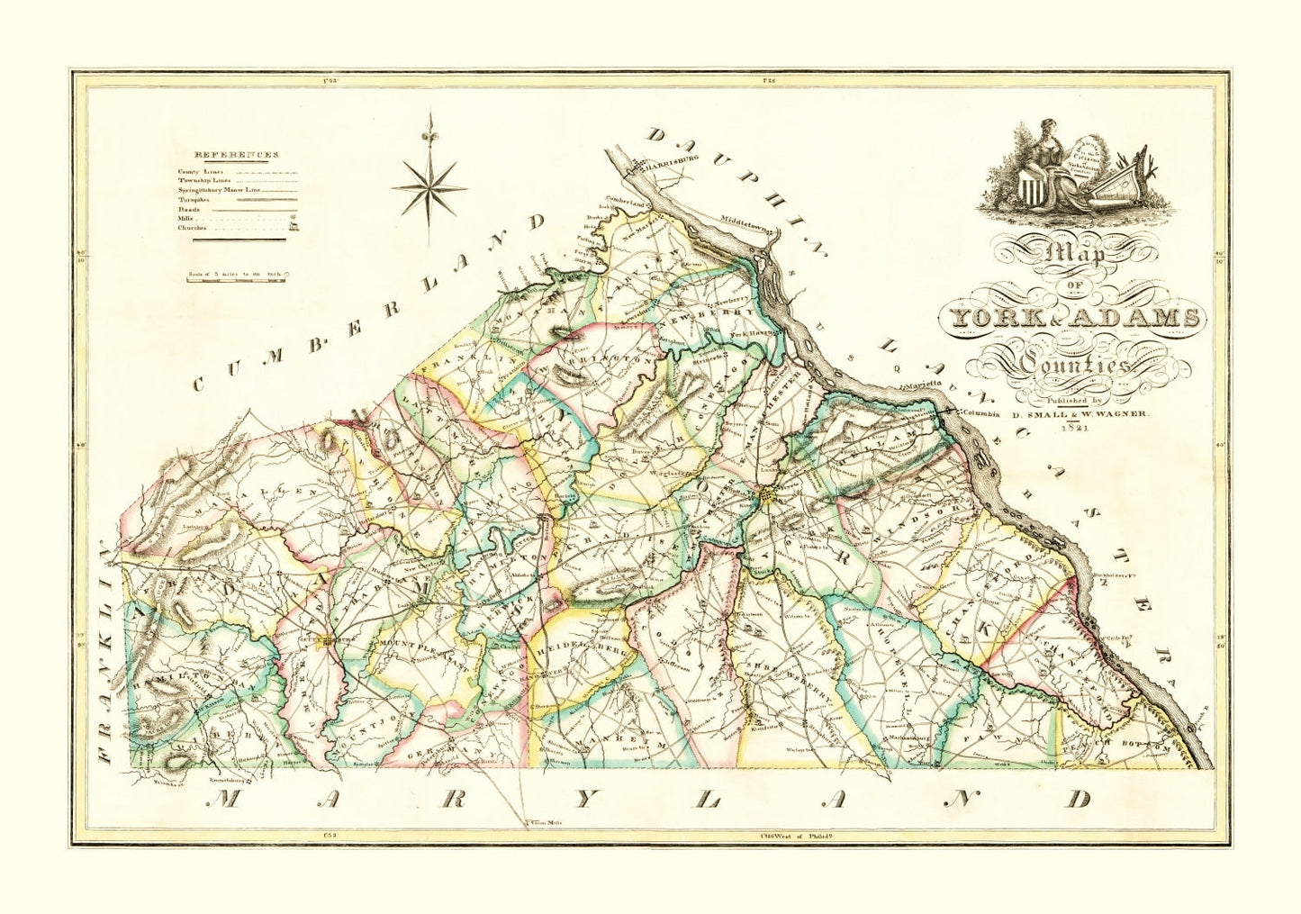 Vintage Map of York County, Pennsylvania, 1821