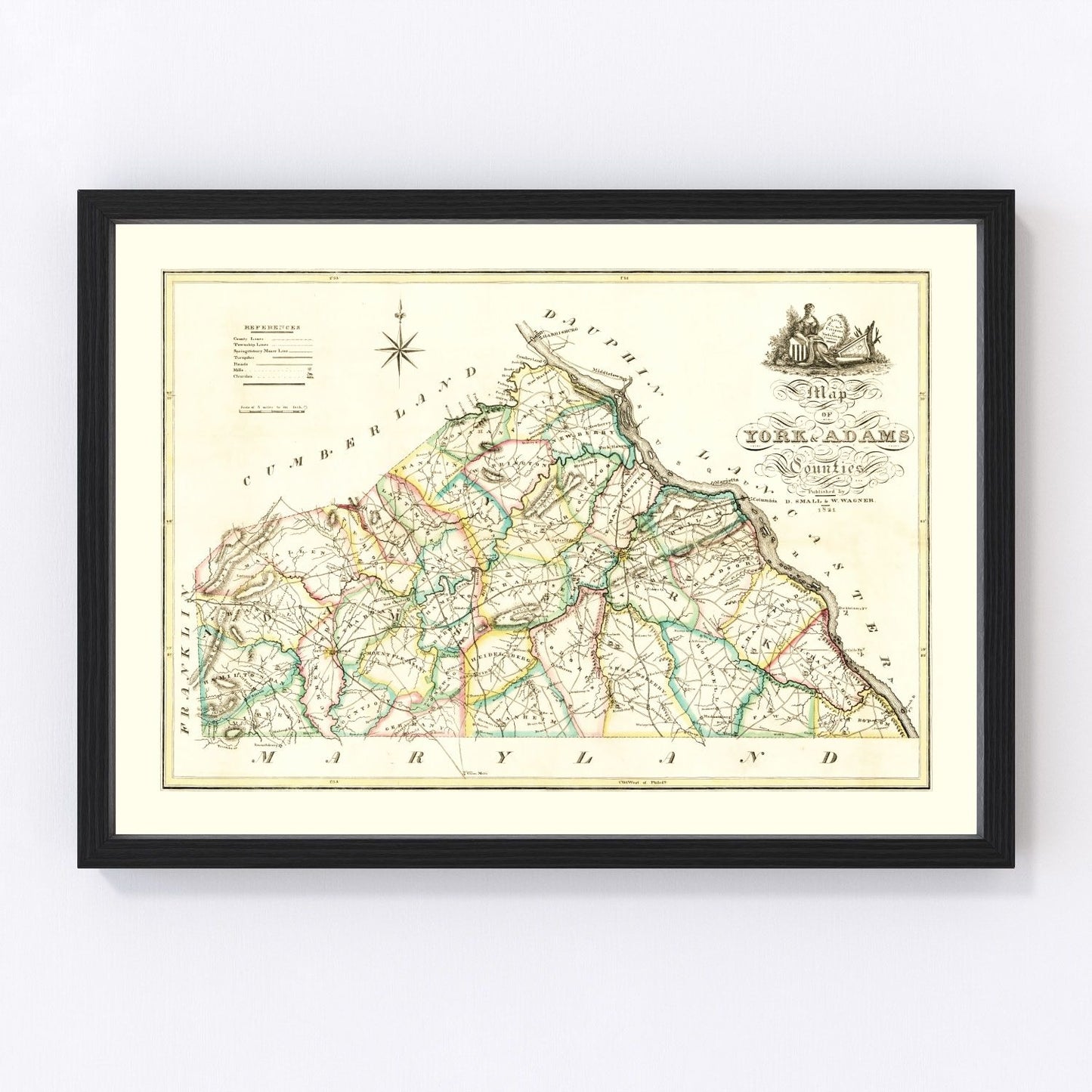 Vintage 1821 York County Pennsylvania map early Federal era, digitally restored print
