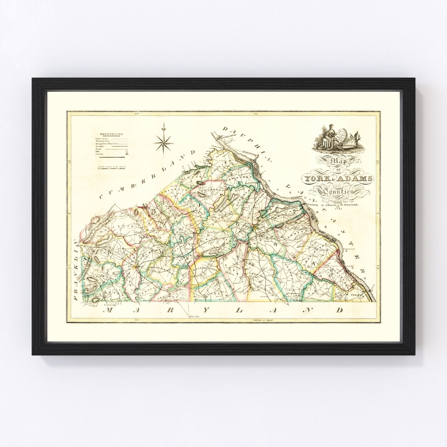 Vintage 1821 York County Pennsylvania map early Federal era, digitally restored print