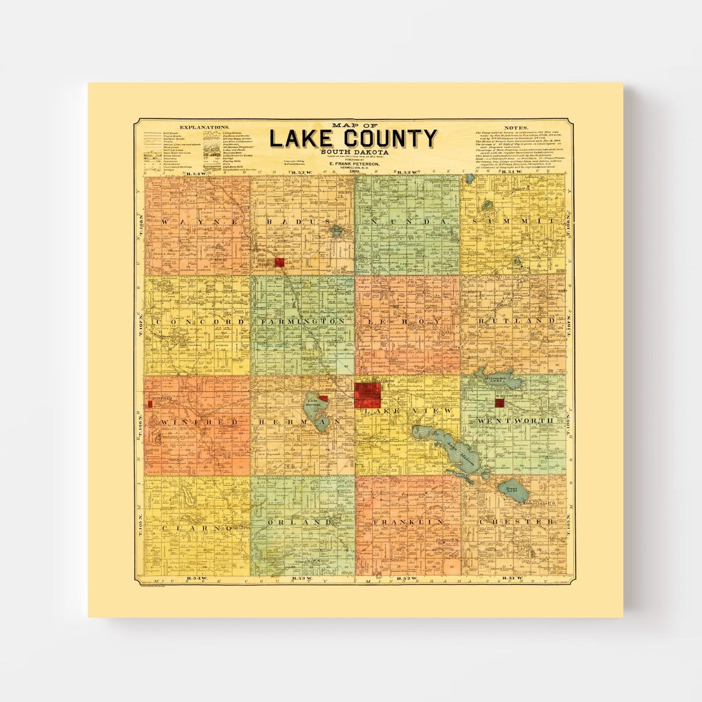 Vintage Map of Lake County, South Dakota, 1899