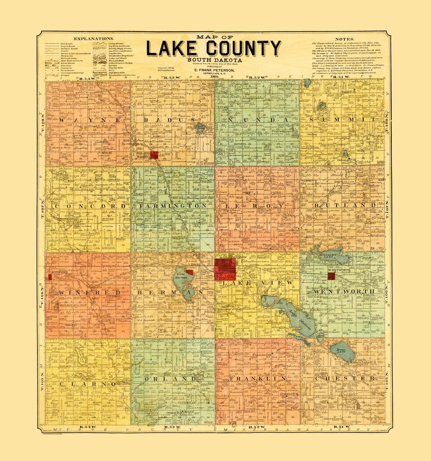 Vintage Map of Lake County, South Dakota, 1899