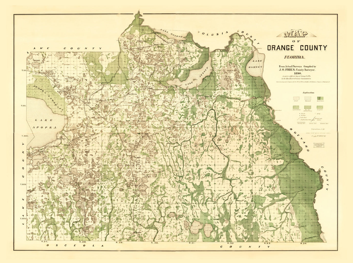 Vintage Map of Orange County, Florida, 1890