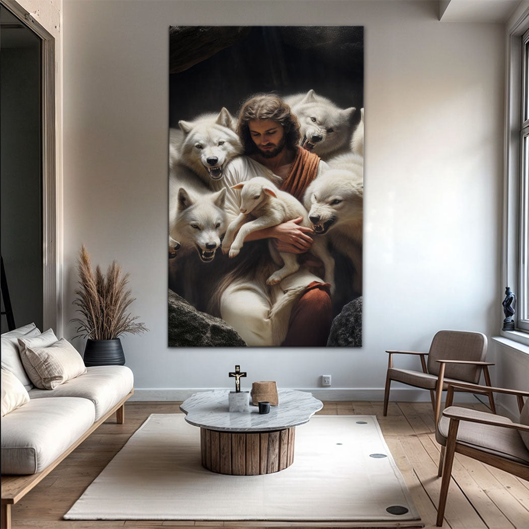 Jesus Protects the Lamb from Wolves Faith Canvas Art