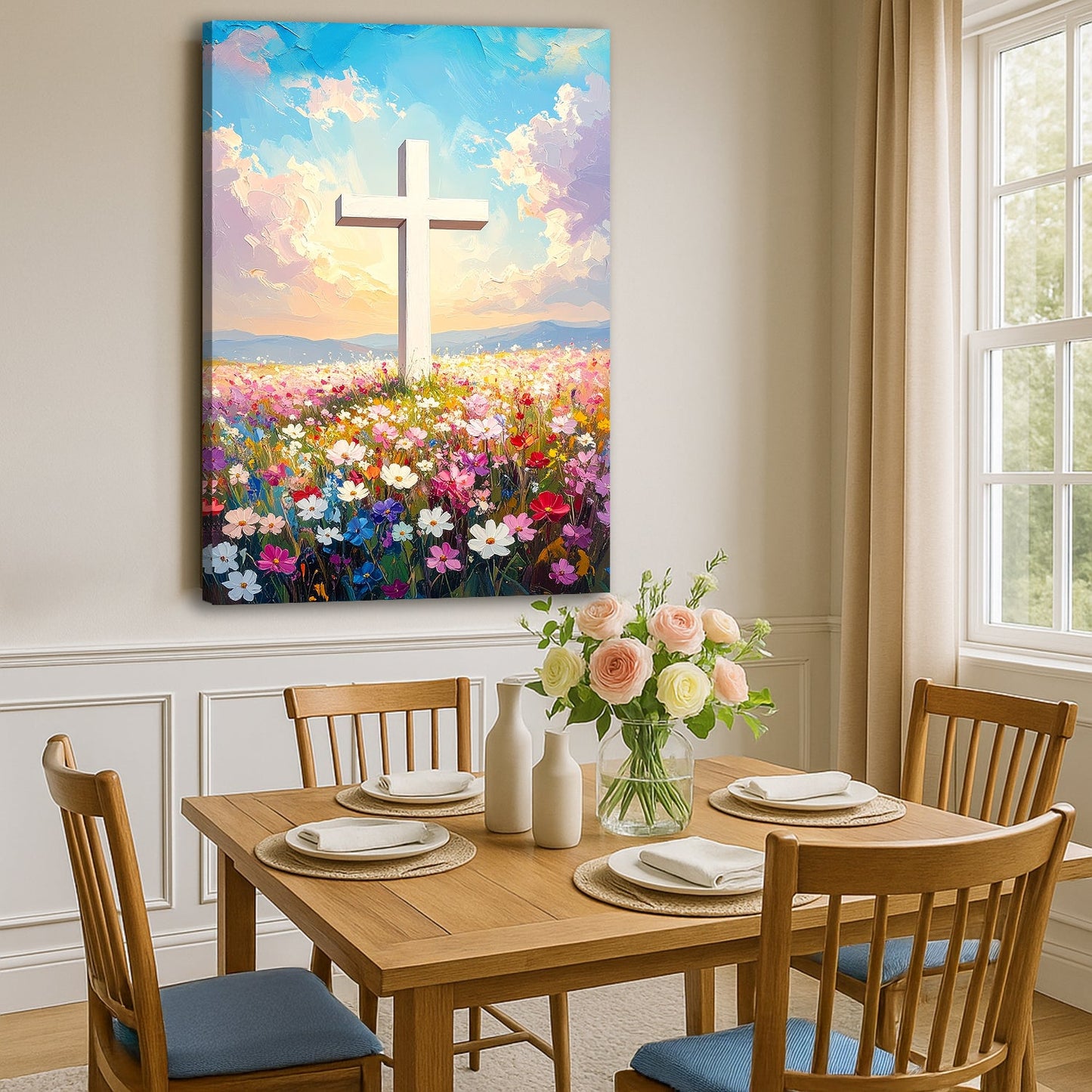 Cross Floral Field Faith Canvas Wall Art