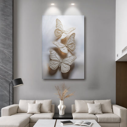 Three White Butterflies on White canvas shown in a styled room setting, view 2