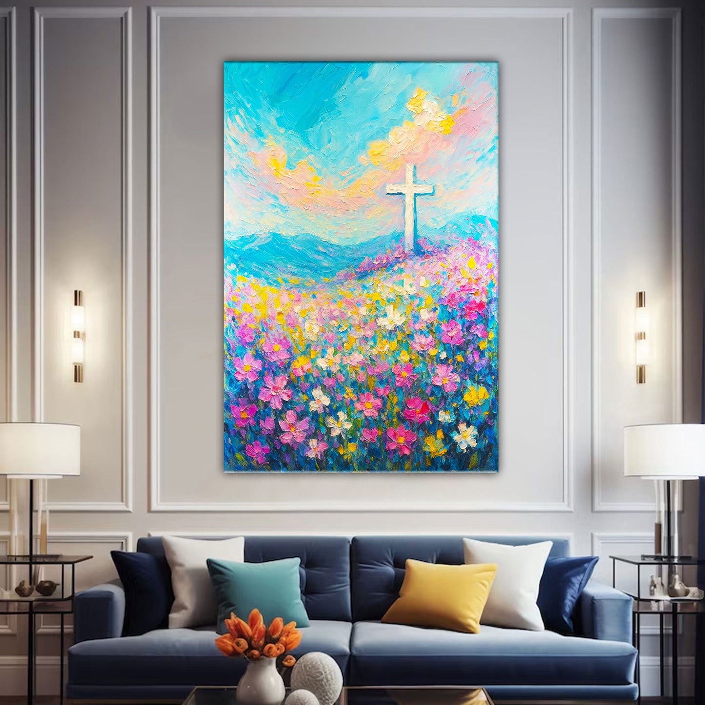 Cross Floral Field Faith Canvas Wall Art III