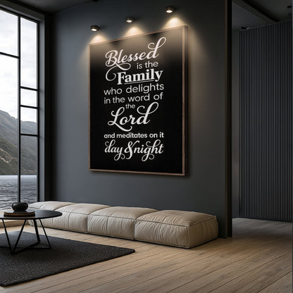 Blessed Is the Family Black and White canvas shown in a styled room setting, view 2