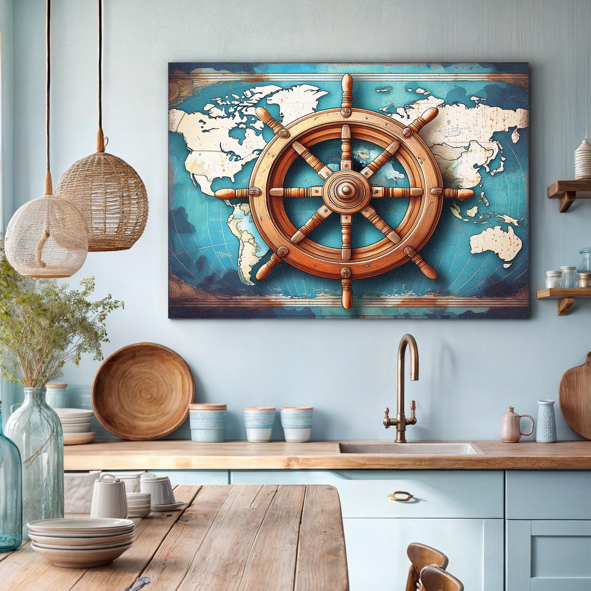 Sailboat and ship wheel coastal canvas wall art with nautical maritime design on gallery-wrapped canvas