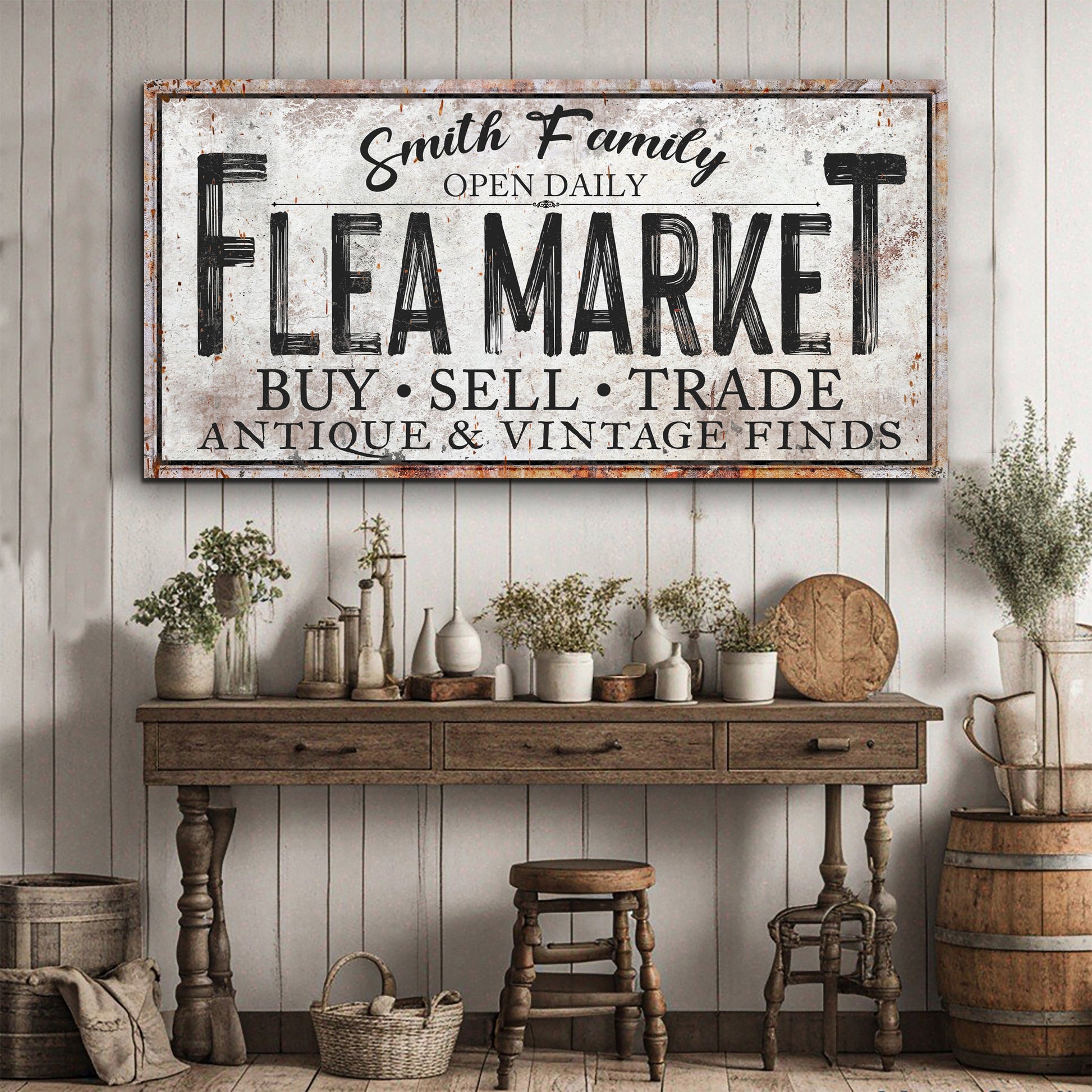 Family flea market vintage canvas wall art sign with nostalgic eclectic typography