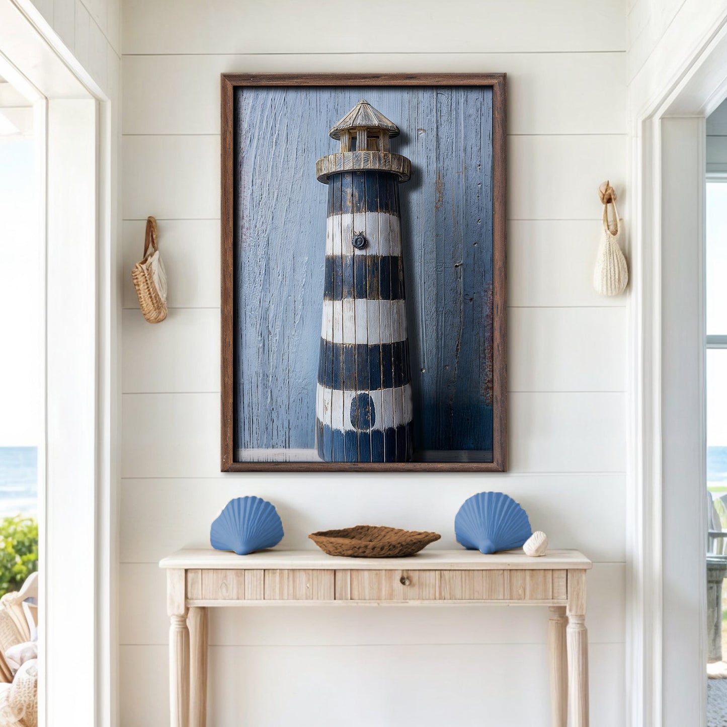 Wooden lighthouse coastal canvas wall art with warm tones and seaside atmosphere