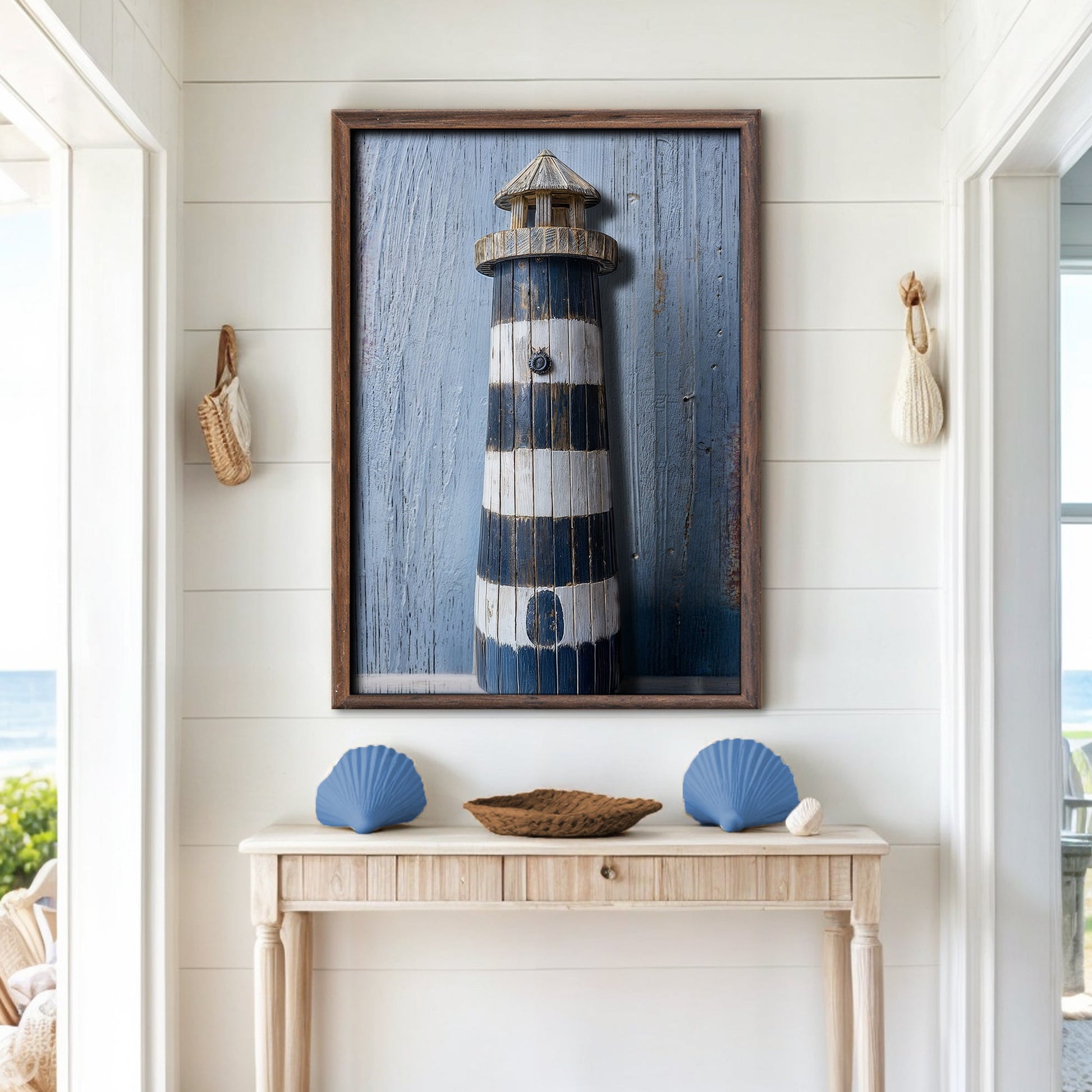 Wooden lighthouse coastal canvas wall art with warm tones and seaside atmosphere