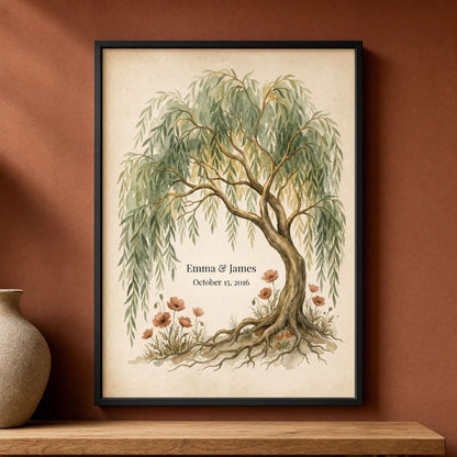 Personalized willow tree wall art in a black frame on a deep terracotta wall, names and date under the branches