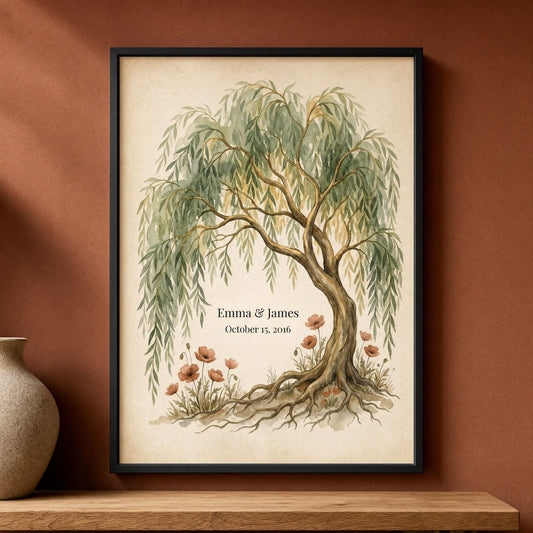 Personalized willow tree wall art in a black frame on a deep terracotta wall, names and date under the branches