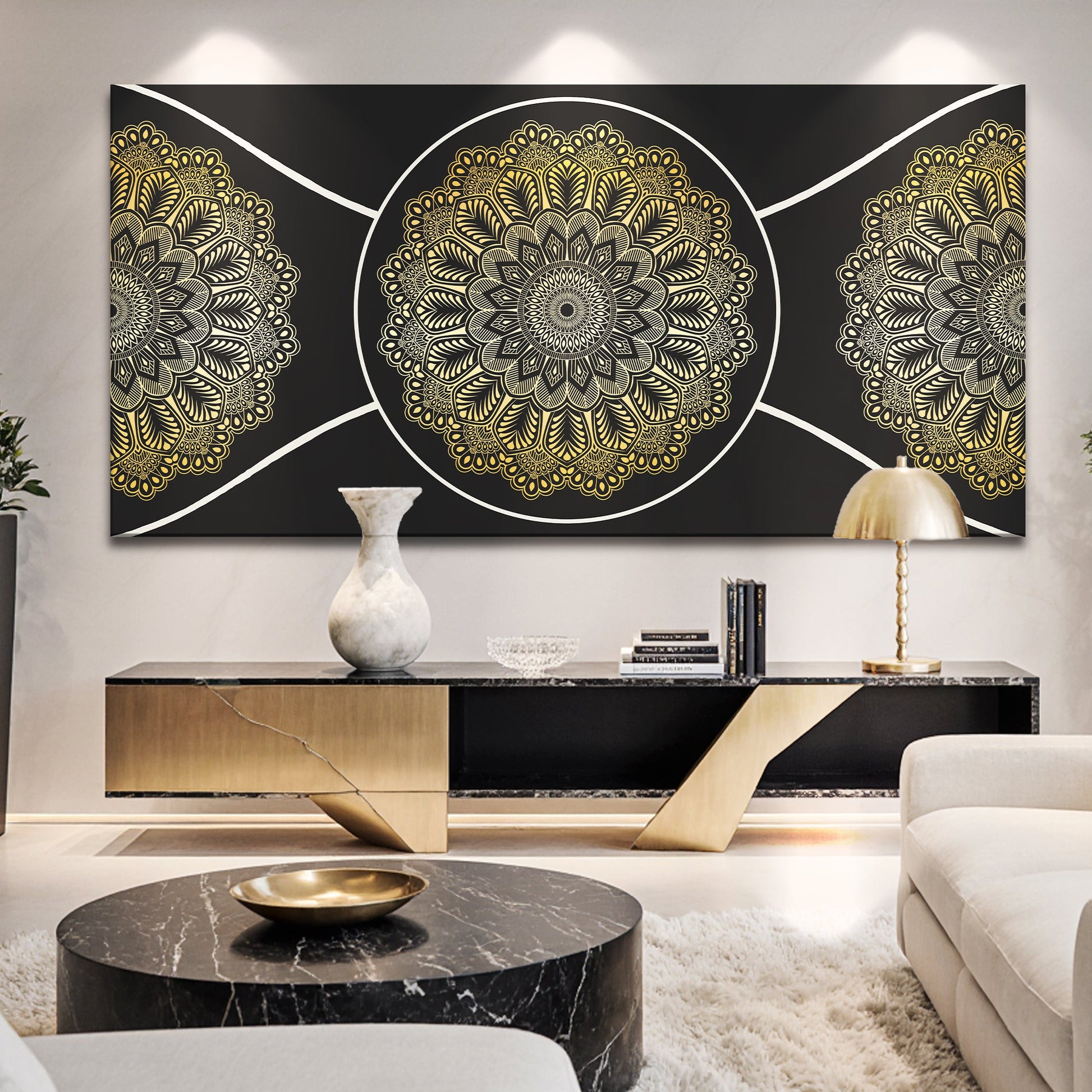 Gold sacred geometry abstract canvas wall art with intricate symmetrical golden pattern