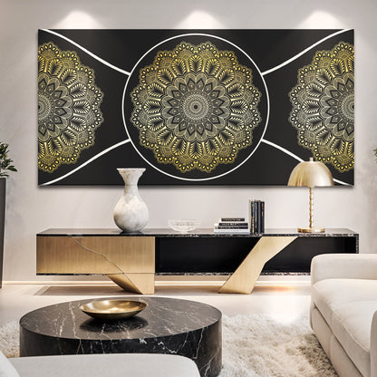 Gold sacred geometry abstract canvas wall art with intricate symmetrical golden pattern