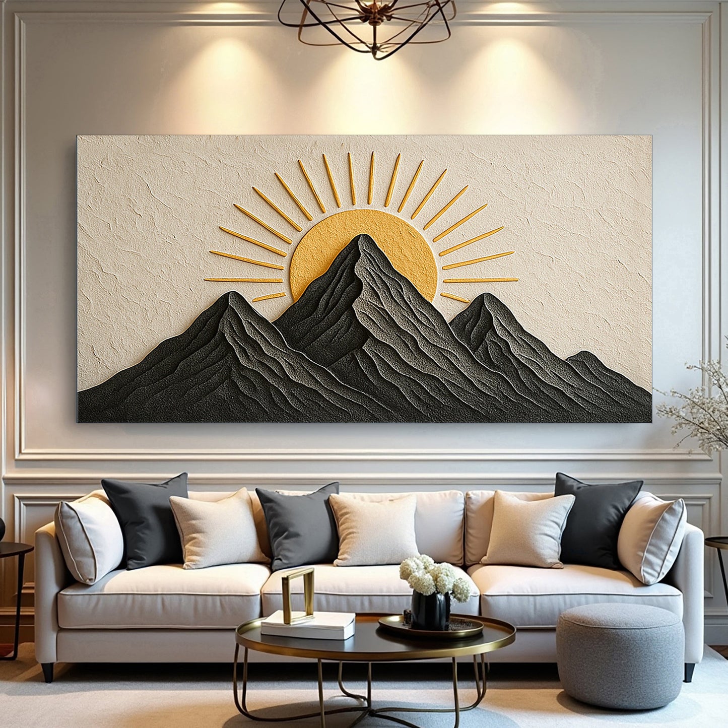 Mountain majesty canvas wall art with layered peaks in calming natural tones