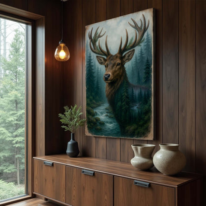 Misty Stag Double Exposure Canvas Wall Art