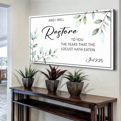 Joel 2:25 I Will Restore Green Leaf canvas shown in a styled room setting, view 2
