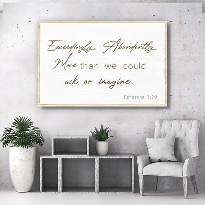 Ephesians 3:20 Cream Script canvas shown in a styled room setting, view 2