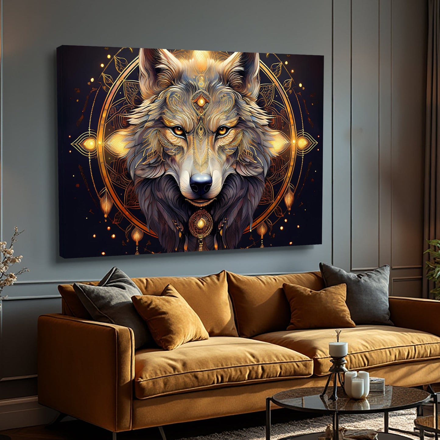 Wolf head portrait canvas wall art with intense close-up wildlife detail