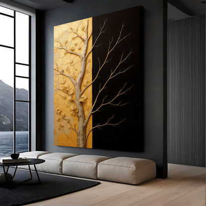 Gold Tree Beside a Black Panel canvas shown in a styled room setting, view 2