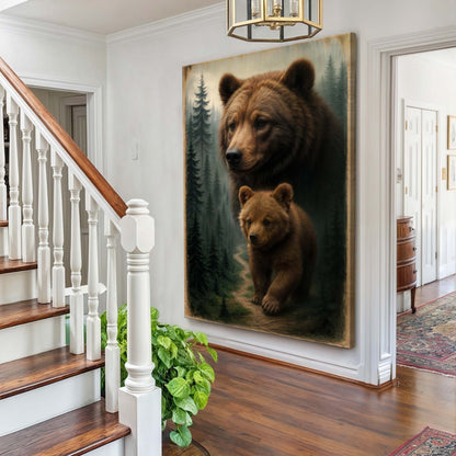 Bear and Cub in a Pine Forest canvas shown in a styled room setting, view 2