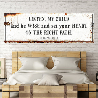 Proverbs 23:19 Right Path Rustic-Look Long canvas shown in a styled room setting, view 2