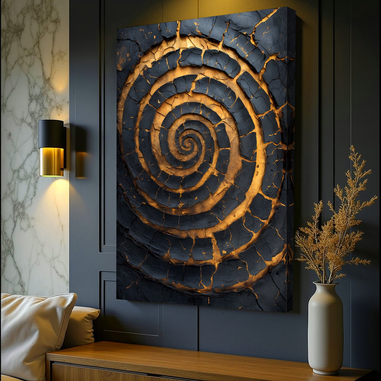 Black and Gold Spiral Abstract Canvas Wall Art