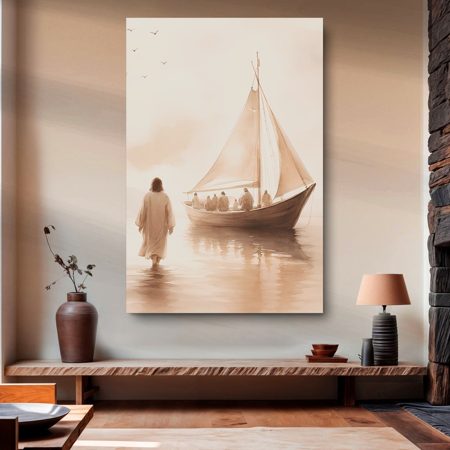 Jesus on water miracle faith canvas depicting biblical storm scene