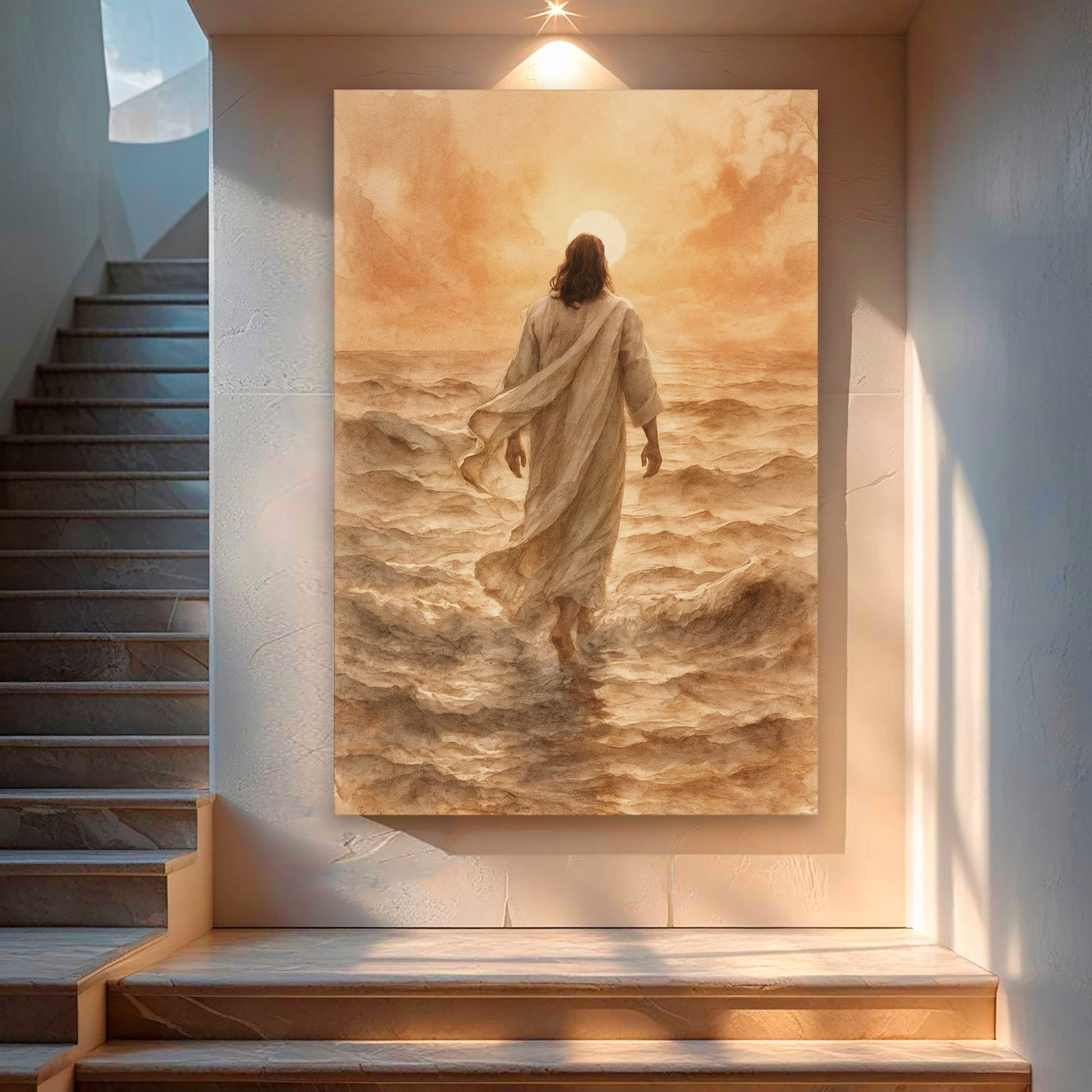 Jesus walking on water Christian art canvas print with rich color and light