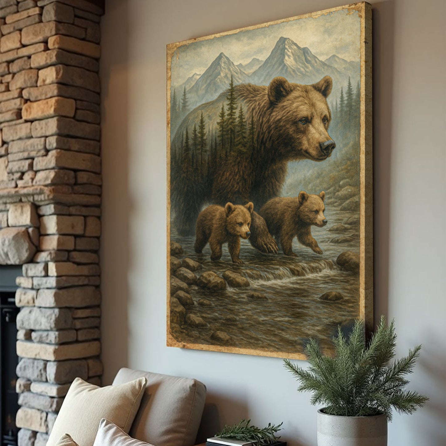 Mother Bear and Cubs Double Exposure Canvas Wall Art