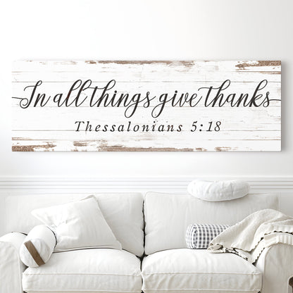 In All Things Give Thanks script white plank-look canvas shown in a styled room setting, view 2