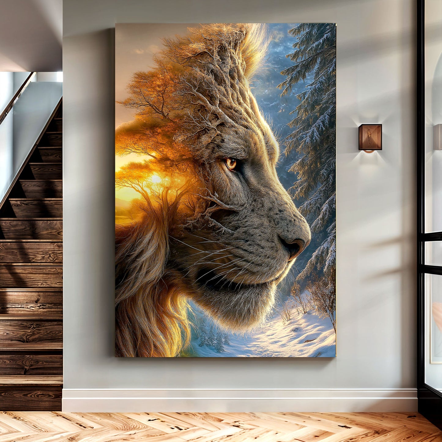 Lion Winter Summer Surrealism Canvas Wall Art