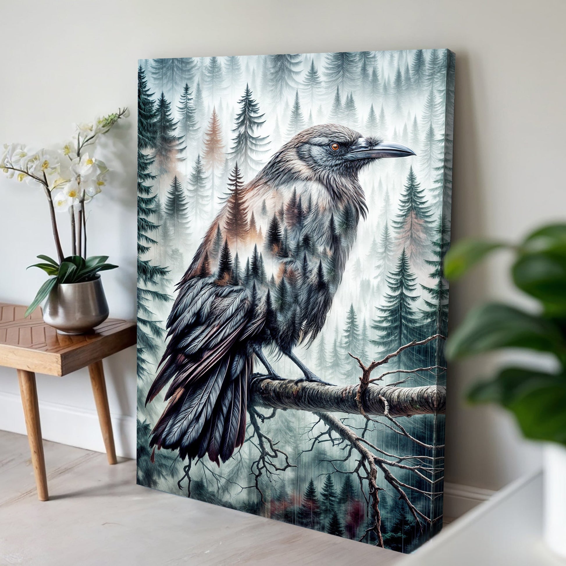 Crow double exposure canvas wall art bird in flight with landscape overlay