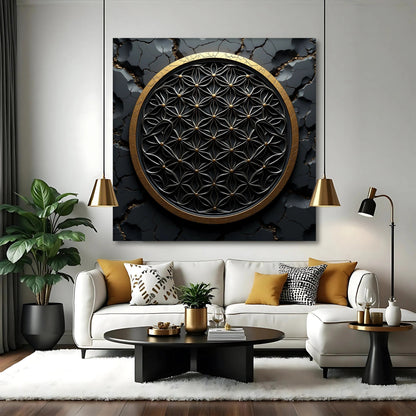 Black Flower of Life in a Gold Ring canvas shown in a styled room setting, view 2