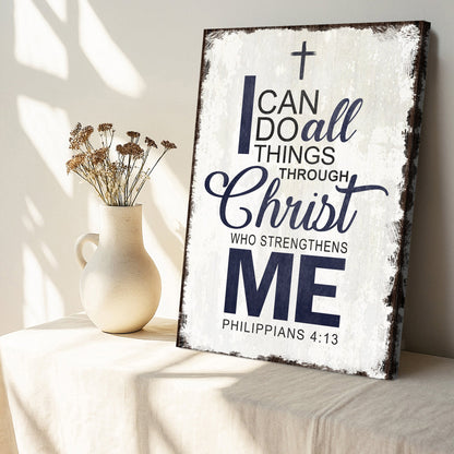 Philippians 4:13 Bold Navy Type Distressed-Look canvas shown in a styled room setting, view 5