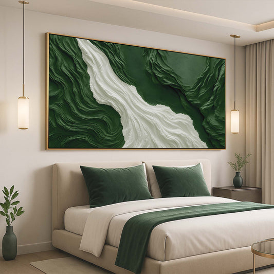 Green rivers abstract canvas wall art with cool flowing color, ready to hang