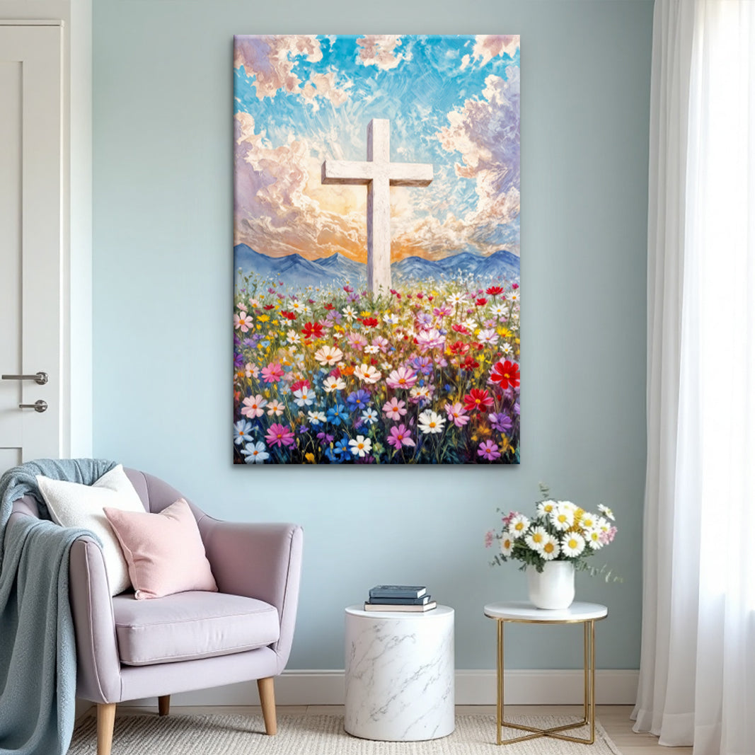 Cross Floral Field Faith Canvas Wall Art II