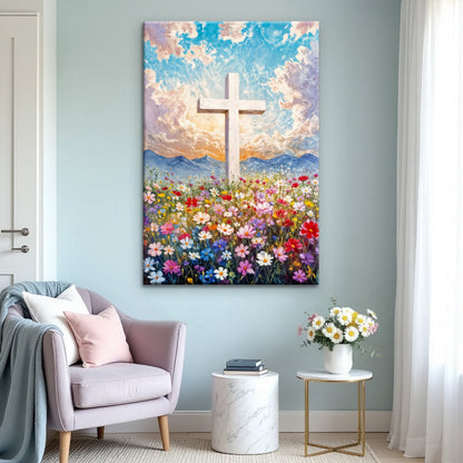Cross Over Colorful Wildflower Meadow Sunrise canvas shown in a styled room setting, view 4
